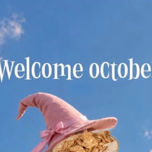 Welcome October con sombrero de bruja rosa y cereal de canela