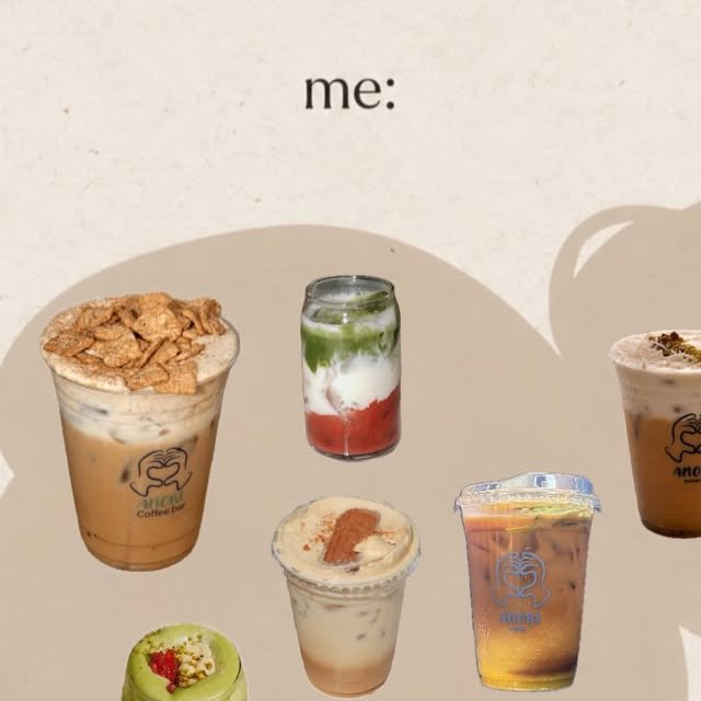 Collage de bebidas Amore: latte con cereal, matcha con fresa, espresso tonic y más