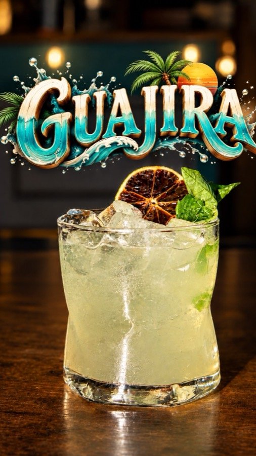 Coctel amarillo claro con naranja deshidratada y hierbabuena