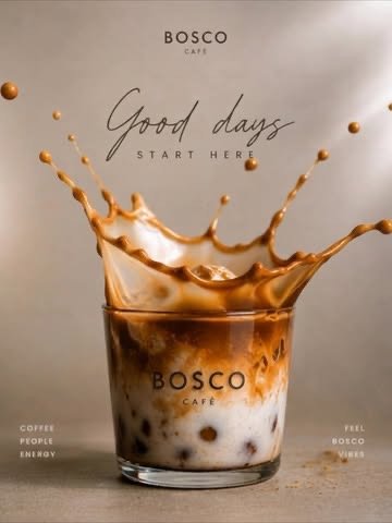 Latte con hielo de Bosco Café: el espresso cae sobre la leche y salpica en forma de corona