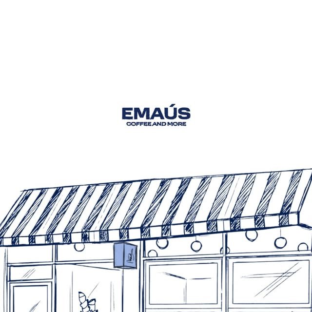 Dibujo a mano de la fachada de EMAÚS con toldo azul a rayas