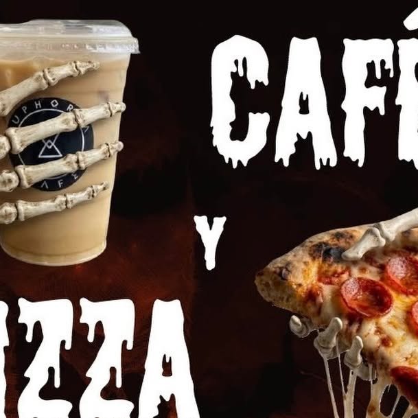 Promoción de Halloween: café y pizza con manos de esqueleto