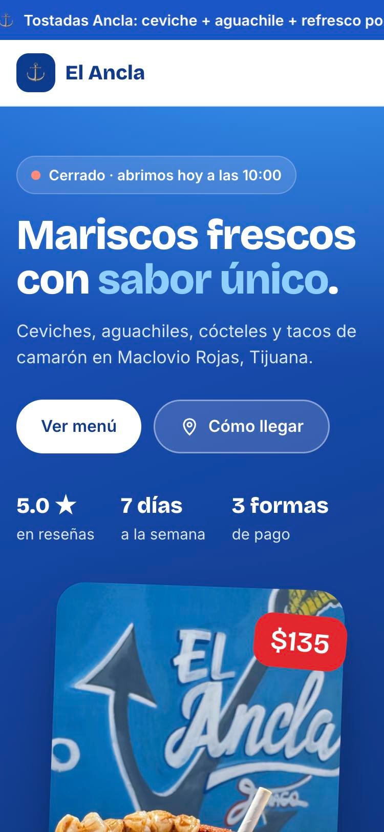 Sitio de Mariscos El Ancla en celular
