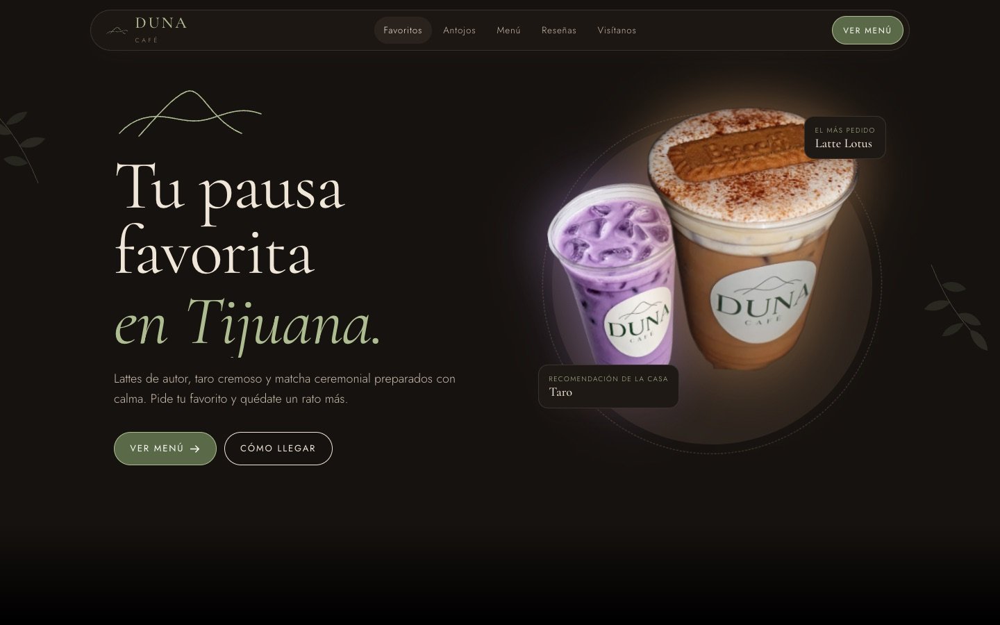 Inicio del sitio de Duna Café en escritorio