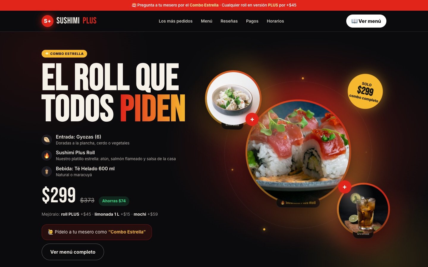 Inicio del sitio de Sushimi Plus en escritorio